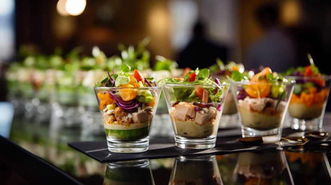 Buffet mit Snacks in Gläsern